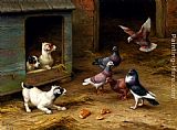 Puppies and Pigeons playing by a Kennel